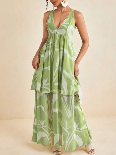 Ishaarah Vestido largo de gasa con estampado de pájaros en verde lima, de escote profundo en V y diseño de corsé, para mujer en primavera y verano, ideal para vacaciones