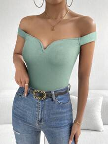 SHEIN Privé Women's Summer Casual Solid Color Off Shoulder T-Shirt - Mint Green - View 5