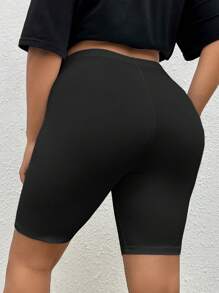 SHEIN EZwear 大码女式高腰纯色休闲百搭短款紧身裤、骑行短裤 - 黑色 - 查看 2