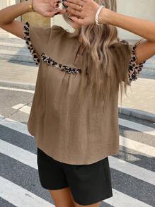 SHEIN Frenchy Women's Leopard Print Patchwork Shell Trim Short Sleeve Shirt, Everyday Summer