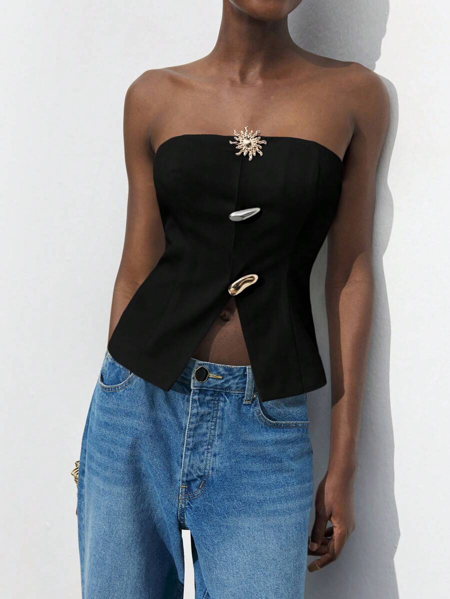 Maija Women's Summer Black Metal Decor Urban Chic Casual Tube Top, Suitable For Outings, Festivals, Dates, Gatherings, Weddings, Music Festivals, Retro Vintage 90s Business Casual Style - Black - View 1