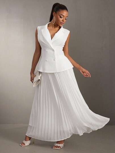 SHEIN SXY 2pcs Set Spring Summer Elegant White Formal Suit Outfit: Sleeveless Tailored Vest & Pleated Chiffon Maxi Skirt, Suitable For Work, Formal Occasions, Weddings, Bridesmaids
