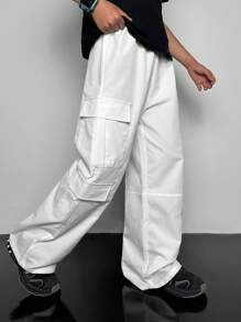 Tween Boy Wide Pocket Design Loose Utility Style Casual Cargo Pants, Suitable For Commuting, School, Daily, Travel, Suitable For Sports, Spring, Summer, Autumn, Winter