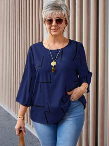 EMERY ROSE Camicia casual a maniche 3/4 con scollo rotondo, stampa linea old money, per abbigliamento da donna elegante casual in taglie comode per la primavera