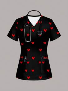 SHEIN Essnce Casual Heart Pattern Short Sleeve Women Healthcare Scrub Uniform Top, Suitable For Summer - Multicolor - View 1