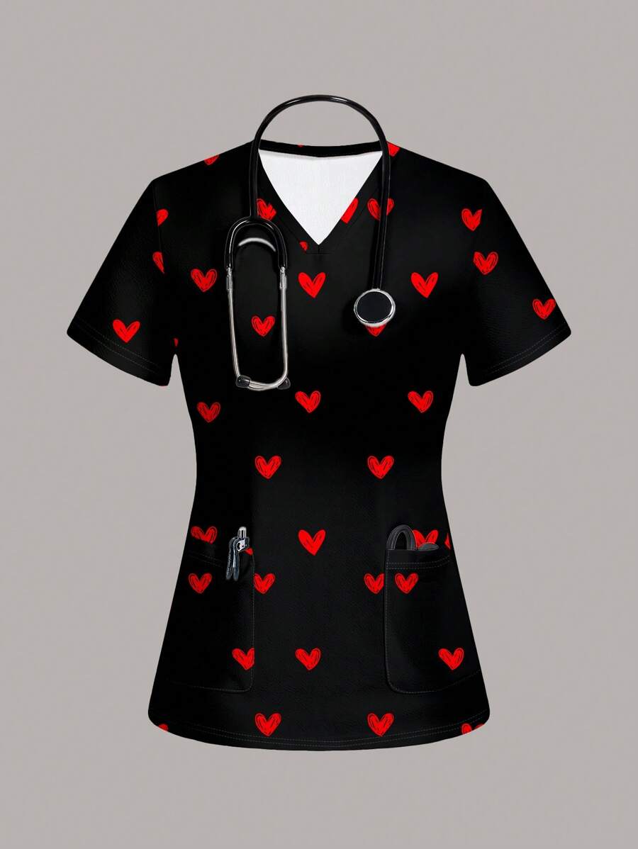 SHEIN Essnce Casual Heart Pattern Short Sleeve Women Healthcare Scrub Uniform Top, Suitable For Summer - Multicolor - View 1