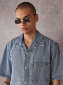 SUMWON Designer Oversized Street Style Denim Short Sleeve Shirt Los Angeles California Streetwear Fashion Vintage Urban Premium Casual Top International Collection Festival Summer Modern - Blue - View 3