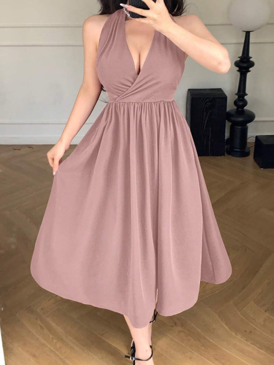 DAZY 女式纯色褶皱 V 领无袖中长连衣裙 - 粉色 - 查看 1