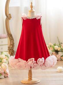 Young Girl Crystal Embellished Neck Contrast Color Ruffle Hem Red Summer Flower Girl Sleeveless Midi A-Line Cake Dress,Cute & Elegant Princess Party - Black - View 6