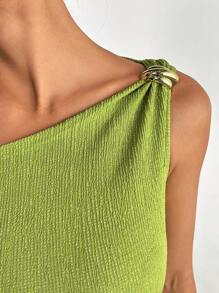 SHEIN EZwear 夏季针织提花金属扣装饰不对称连衣裙 - 綠色 - 查看 5