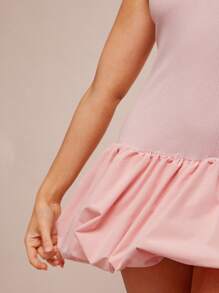 WESTFADE Western Mixed Media Rib Knit & Poplin One Shoulder Asymmetrical Puff Bubble Hem Mini Dress Spring Summer Beach Vacation - Pink - View 5