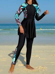 Swim Mulvari بوركيني مناسب للنساء بنمط طبعات استوائية متقاطعة، مناسب للأجازات والشاطئ