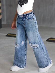 女孩休闲百搭破洞直筒牛仔裤 - 藍色 - 查看 6