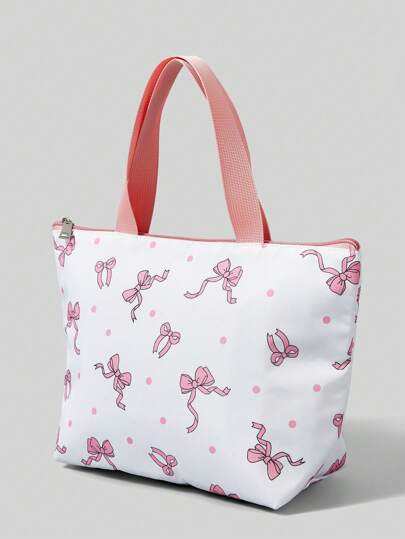 Kawaii 1pc Pink & White Bow Thermal Lunch Bag, Suitable For Commuting, Picnic, Valentine's Day Gatherings