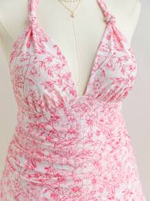 Soleia Plus Size Women Back To School & Vacation Floral Print Halter Tie Asymmetrical Fitted Backless Mini Dress, Early Autumn - Multicolor - View 4