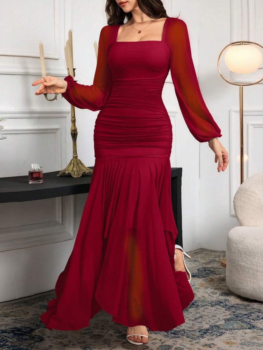 Modelyn Đầm dài tay màu trơn cho nữ, thời trang cho mùa hè