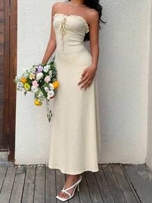 Sunnyshic 女士休闲纯色吊带连衣裙，夏季 - 淡黃色 - 查看 3