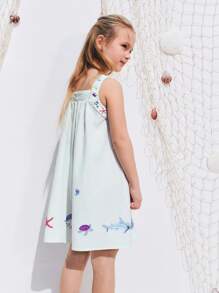 SHEIN 年轻女孩花卉印花褶饰休闲吊带背心连衣裙 - 彩色 - 查看 5