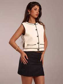 SHEIN Forever 21 Women's Casual Sleeveless Knit Cardigan: Contrast Binding, Round Neck, And Cropped Length For A Chic Look,Knitted Sweater - White - View 4