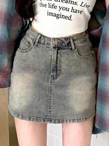 DAZY 女士纯色口袋休闲紧身牛仔短裤，适合夏季 - 芥末黃 - 查看 4