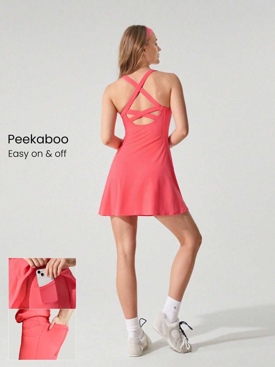 GLOWMODE FeatherFit™-Air Peekaboo 迷你连衣裙，内置短裤口袋，方领，防滑交叉，轻度支撑，低冲击，快干，吸湿排汗，春夏 - 珊瑚粉 - 查看 1