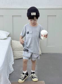 SHEIN 2pcs/Set Young Boy Casual Daily/Vacation T-Shirt + Shorts Outfit, Suitable For Daily, School, Outings, Outdoor Play, Summer Season - Grey - View 7