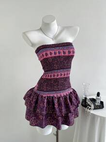 Elamini Women Floral Print Ruffle Hem Bandeau Mini Dress, Vacation Style - Multicolor - View 1