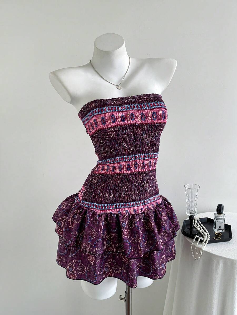 Elamini Women Floral Print Ruffle Hem Bandeau Mini Dress, Vacation Style - Multicolor - View 1