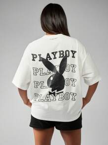 Missguided x Playboy Koszulka z grafiką oversize w stylu retro z klasycznym nadrukiem, z nadrukiem Streetwear, hip-hopowa moda, miejska, swobodna, letnia, na zewnątrz, na festiwal, odzież domowa