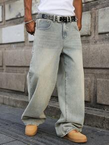 Manfinity Hypemode 男式浅蓝色复古水洗宽松阔腿牛仔裤 - 淺色水洗藍 - 查看 1