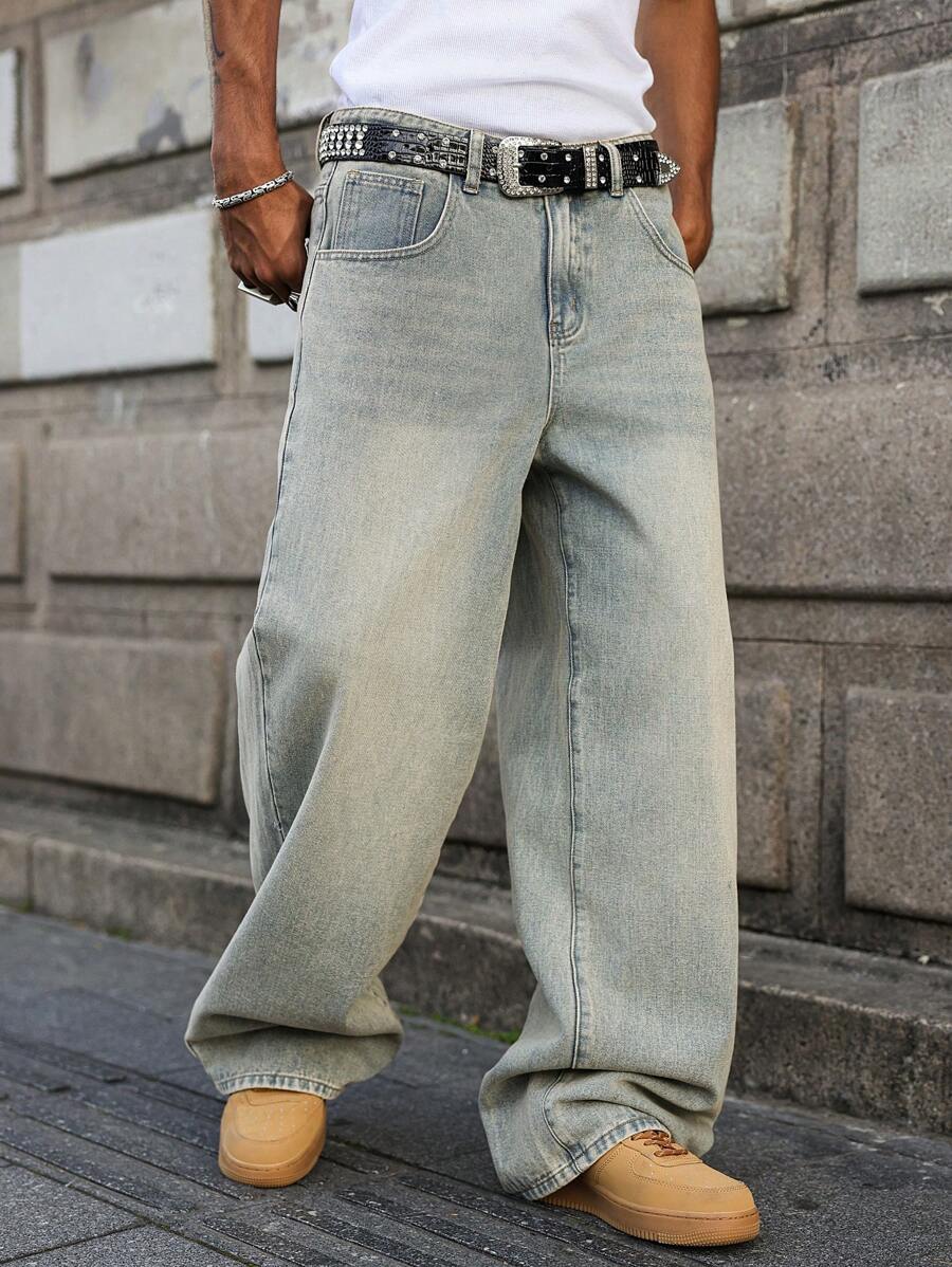 Manfinity Hypemode 男式浅蓝色复古水洗宽松阔腿牛仔裤 - 淺色水洗藍 - 查看 1