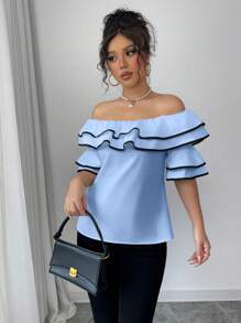 Chiquease Fashionable Off Shoulder Double Ruffle Trim Blouse - Blue - View 7