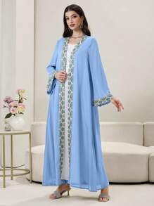 Al Najma Spring/Summer Arabic Style Abaya With Headscarf, Decorative Floral Trim On Collar, Cuffs And Flared Sleeves, Modest Robe - Blue - View 5