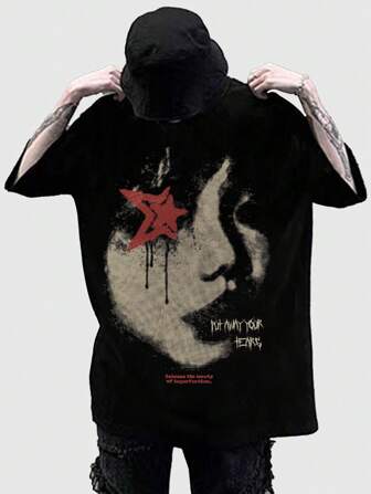 Street Life Men's Portrait Printed Short Sleeve T-Shirt, Suitable For Daily Wear In Spring And Summer, School