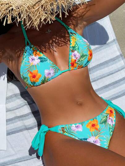 Swim Vcay Women's Floral Print Halter Tie Sexy Bikini Set For Summer Beach