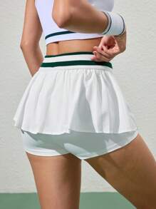 CourtClass High Waist Contrast Stripe Double Layer Sports Shorts Sweater Shorts - White - View 2