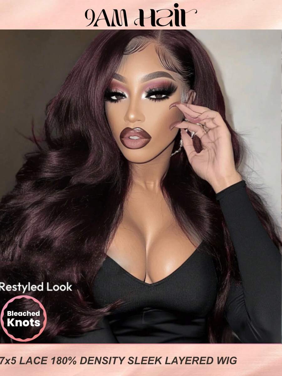 7x5 Bye-Bye Knots™ Lace Front Black Cherry Sleek Layered Cut Straight Wig Pre-Cut Pre-Plucked Pre-Bleached Wear Go Glueless Wigs For Women 180% Density Halloween Costumes - SPurple - View 1