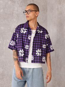 SUMWON 花卉格子格子纽扣夏威夷短袖衬衫夏季图案 Aop 都市超大滑板街头时尚复古节日休闲 - 彩色 - 查看 5