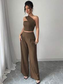 Gloray 2 Pieces Set: Off-Shoulder Fitted Top & Straight Leg Pants - Brown - View 5