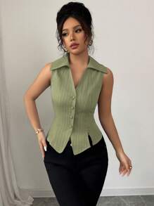Elenzga 女士优雅法式 V 领无袖条纹衬衫，纽扣装饰和 V 形下摆开衩，适合通勤、休闲和度假穿着，春夏季 - 綠色 - 查看 3