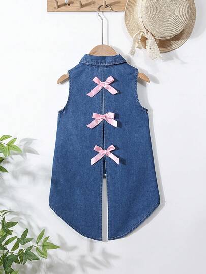 Camisa vaquera holgada informal para niñas con diseño de parte delantera corta y parte trasera larga, decoraciones bonitas y dulces de mariposas, de moda sencilla y versátil para uso diario