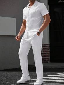 Manfinity CasualCool Traje casual de hombre compuesto por camisa de manga corta de un solo abotonadura de unicolor y pantalones - Conjunto blanco de hombre, Atuendo blanco de hombre, Conjunto de 2 piezas blanco de hombre
