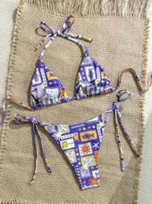 Soleia 女士彩色印花 V 领系带 2 件比基尼套装，度假海滩 - 寶藍色 - 查看 2