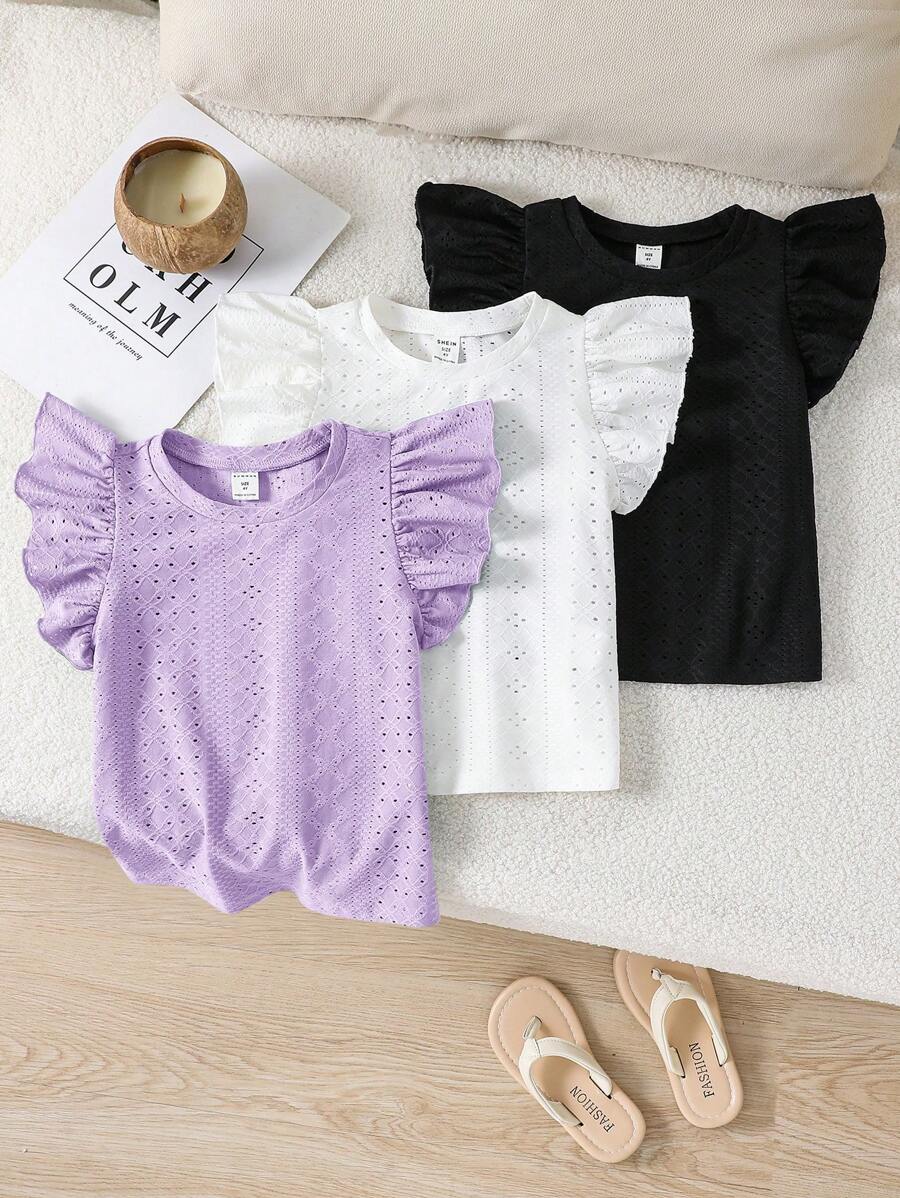 SHEIN Leap Crew 3 Pieces Set Young Girl Solid Knitted Round Neck Ruffle Trim Fitted T-Shirt - Mauve Purple - View 1