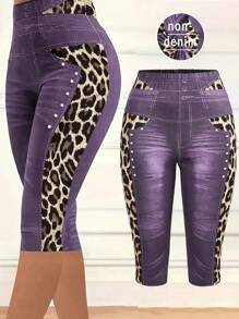 SHEIN Clasi Women's Jeanslike & Leopard Print Comfortable Leggings - Purple - View 1