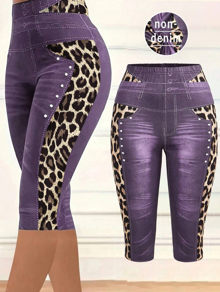 SHEIN Clasi Women's Jeanslike & Leopard Print Comfortable Leggings - Purple - View 1