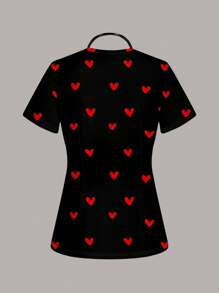 SHEIN Essnce Casual Heart Pattern Short Sleeve Women Healthcare Scrub Uniform Top, Suitable For Summer - Multicolor - View 2