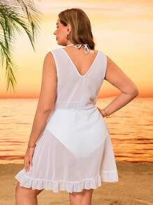 Swim Lushoire Plus Size Women White Chiffon V-Neck Tie-Front Casual Beach Cover-Up For Summer Beach Vacation - White - View 2