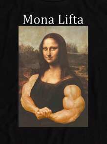Glimmora Normal Size Women's Funny Mona Lisa Lifting Graphic T-Shirt, Fitness Enthusiast Design - Black - View 3