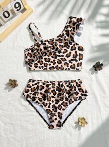 SHEIN Costume da bagno a tankini per giovani ragazze, con stampa leopardata, balze e spalline
